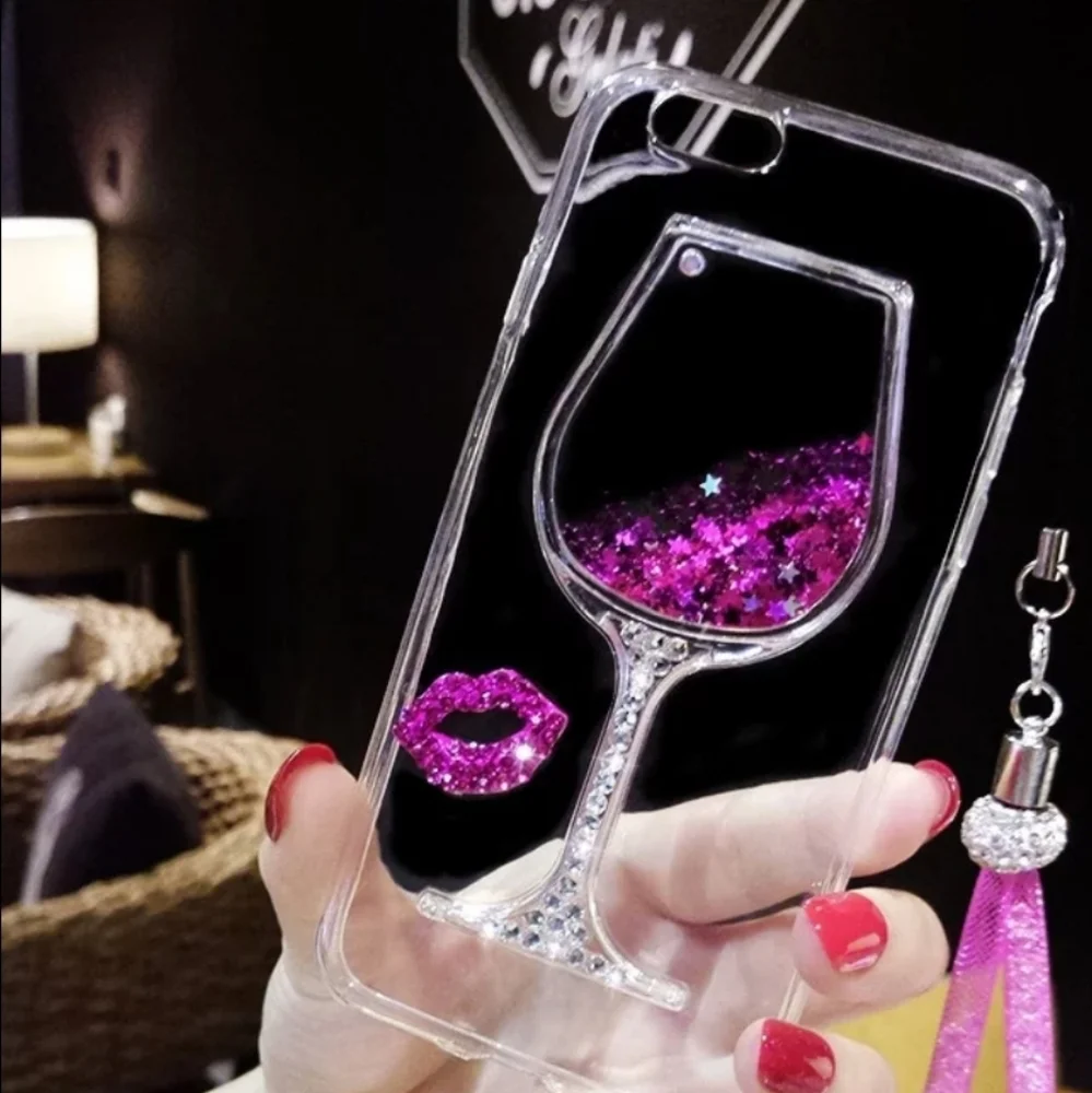 Apple Glitter Wine Glass Phone Case with Purple Star Confetti